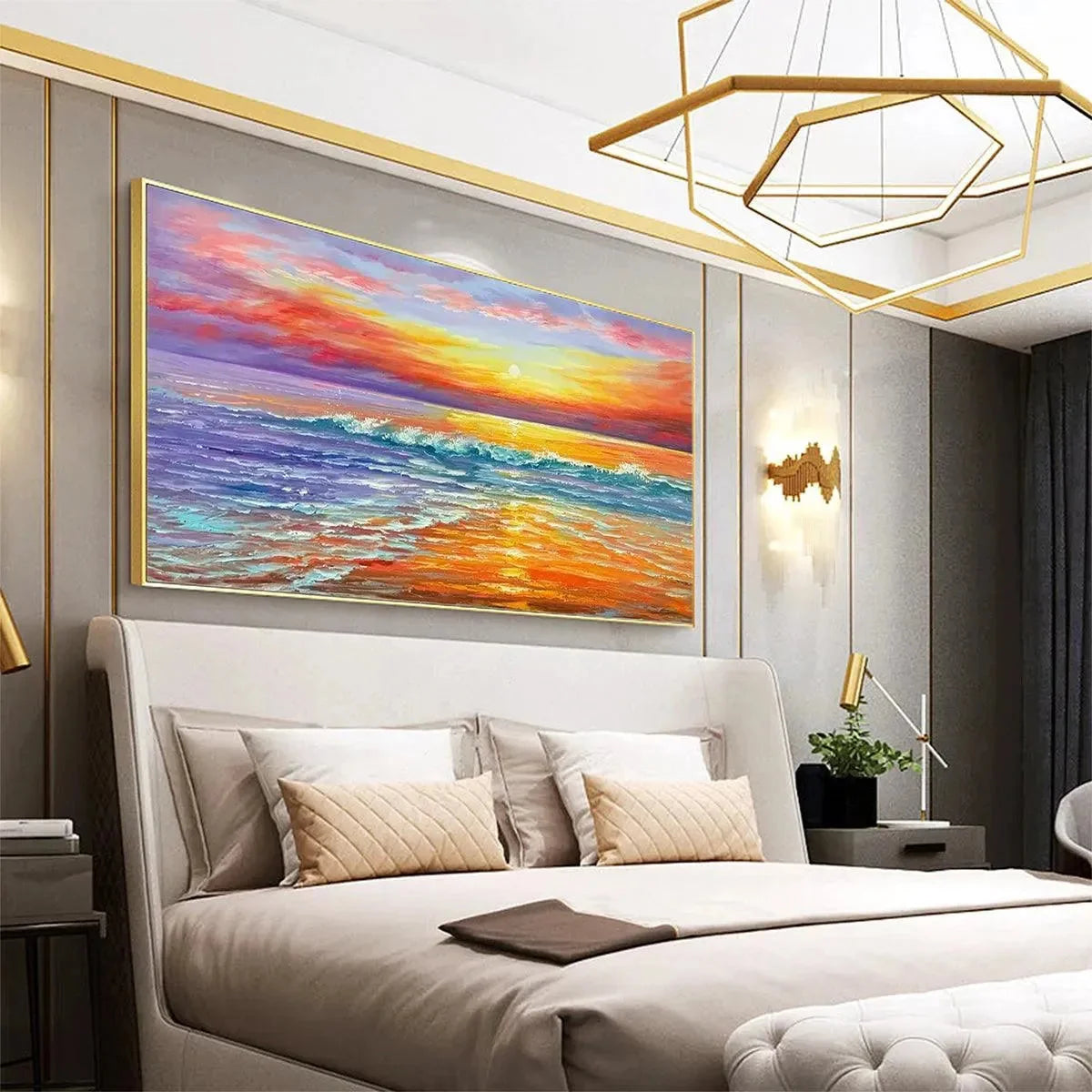 TROPICAL SUNSET BEACH: Vibrant Coastal Painting | gold frame stretched on neutral wall