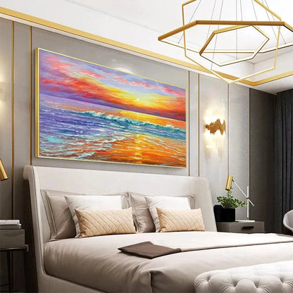 TROPICAL SUNSET BEACH: Vibrant Coastal Painting | gold frame stretched on neutral wall