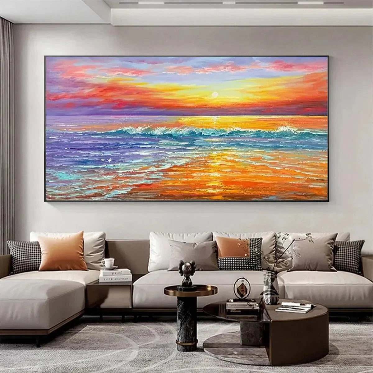 TROPICAL SUNSET BEACH: Vibrant Coastal Painting | black frame version on white wall