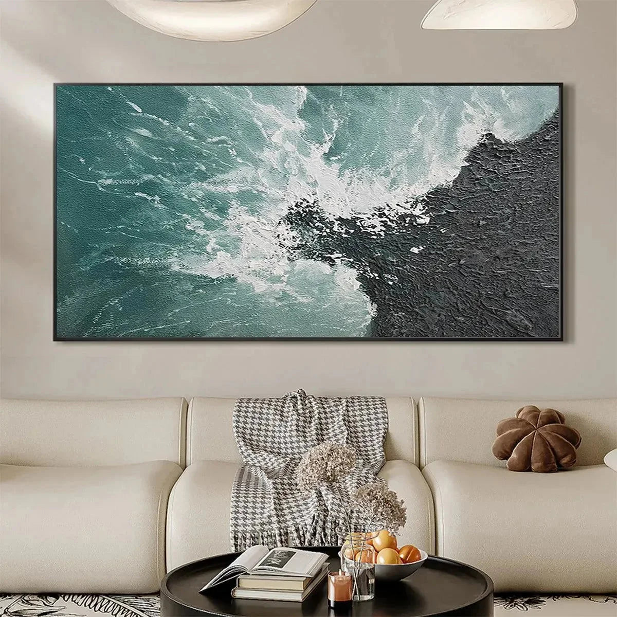 TURQUOISE CRASH: Textured Abstract Seascape Painting in Teal and Black | Abstract closeup, raised brushwork detail