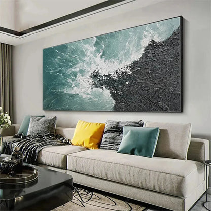 TURQUOISE CRASH: Textured Abstract Seascape Painting in Teal and Black | gold frame stretched on neutral wall
