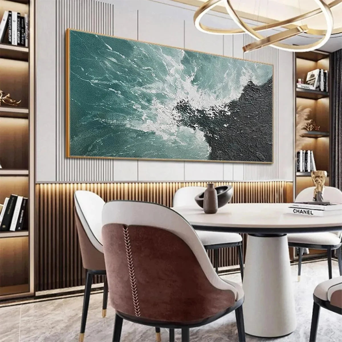TURQUOISE CRASH: Textured Abstract Seascape Painting in Teal and Black | black frame version on white wall