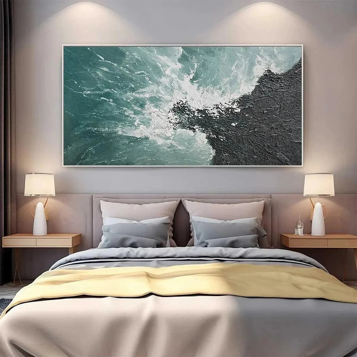 TURQUOISE CRASH: Textured Abstract Seascape Painting in Teal and Black | Abstract mood, soft natural light studio shot