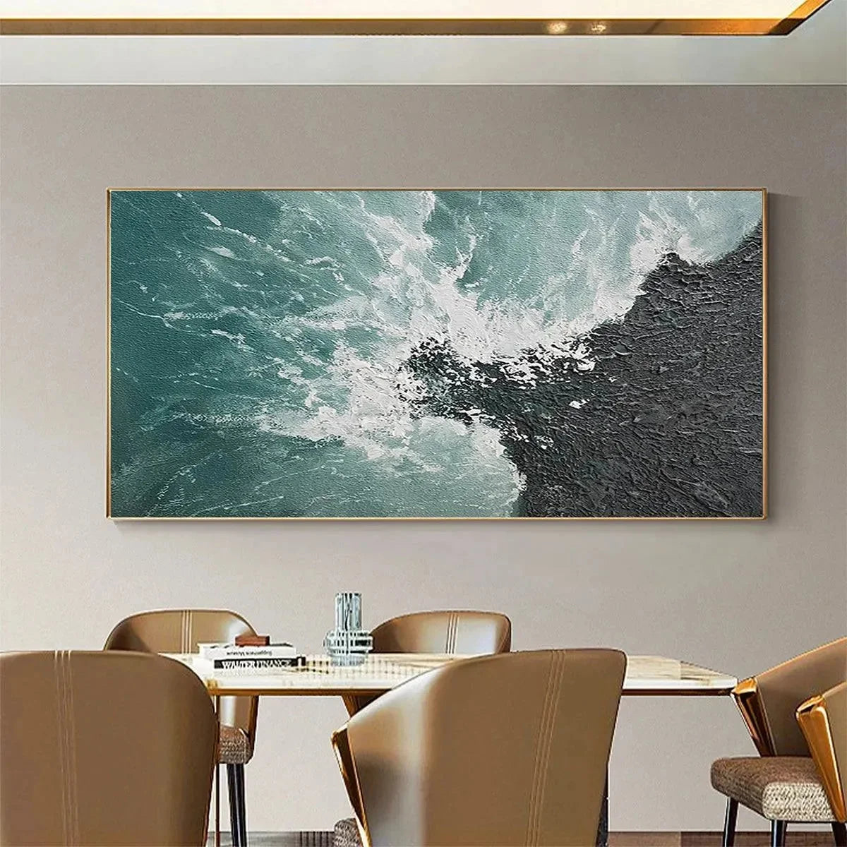 TURQUOISE CRASH: Textured Abstract Seascape Painting in Teal and Black | green palette, original oil on stretched canvas art