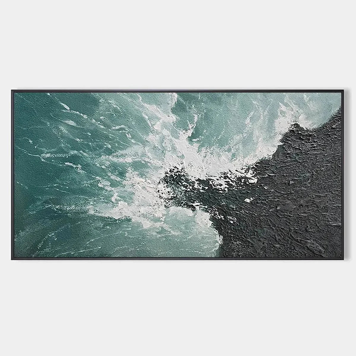 TURQUOISE CRASH: Textured Abstract Seascape Painting in Teal and Black | hanging in living room, Abstract wall art