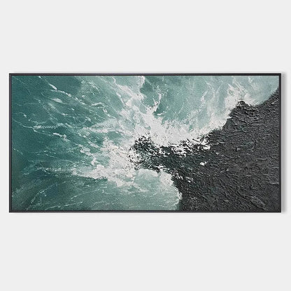 TURQUOISE CRASH: Textured Abstract Seascape Painting in Teal and Black | hanging in living room, Abstract wall art