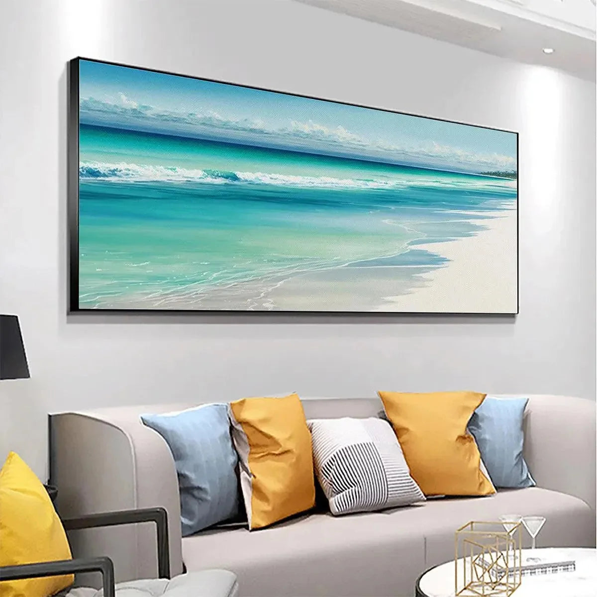 TURQUOISE DREAM PANORAMIC: Beach Painting, Panoramic Wall Art, Coastal Decor | gold frame stretched on neutral wall