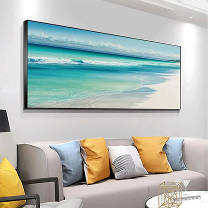 TURQUOISE DREAM PANORAMIC: Beach Painting, Panoramic Wall Art, Coastal Decor | gold frame stretched on neutral wall