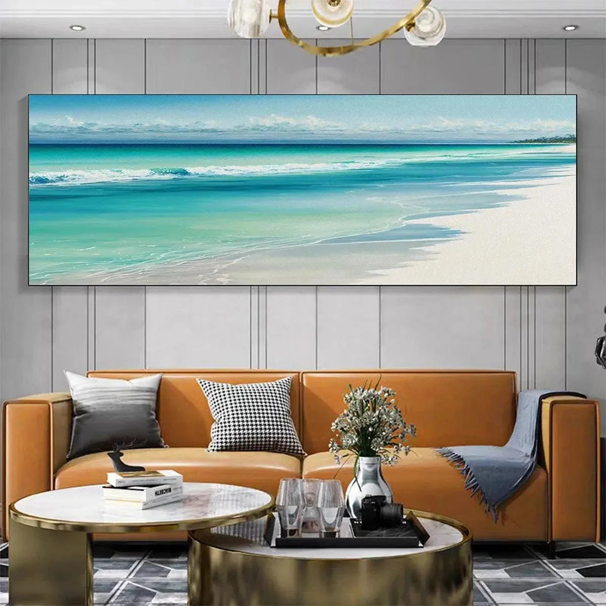 TURQUOISE DREAM PANORAMIC: Beach Painting, Panoramic Wall Art, Coastal Decor | black frame version on white wall