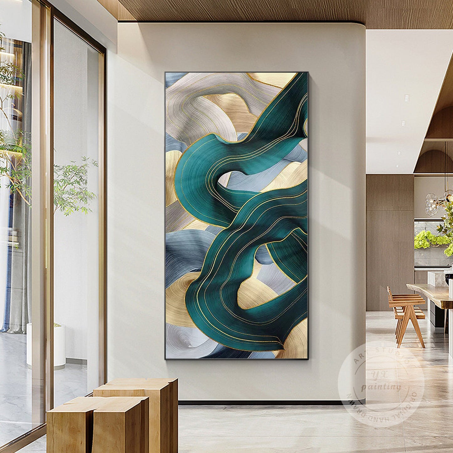 Turquoise Ribbon Abstract Painting: Extra Large Framed Canvas Wall Art #2