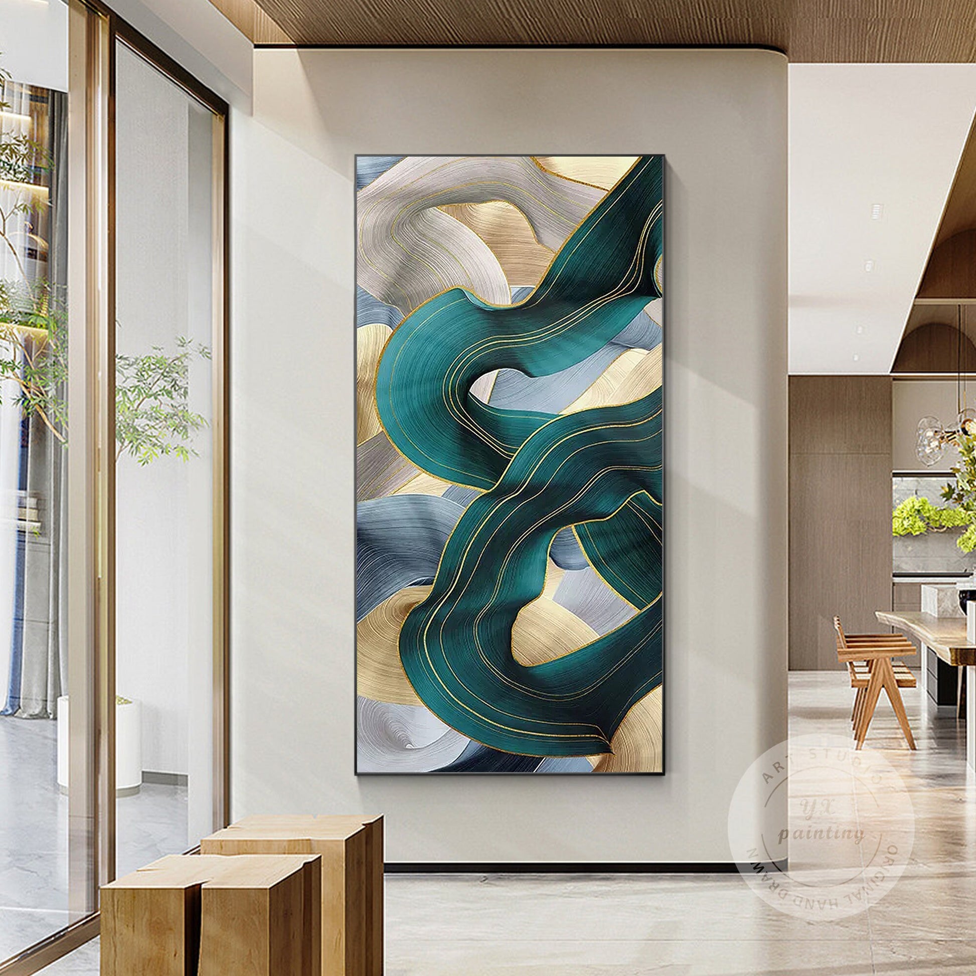 Turquoise Ribbon Abstract Painting: Extra Large Framed Canvas Wall Art #2