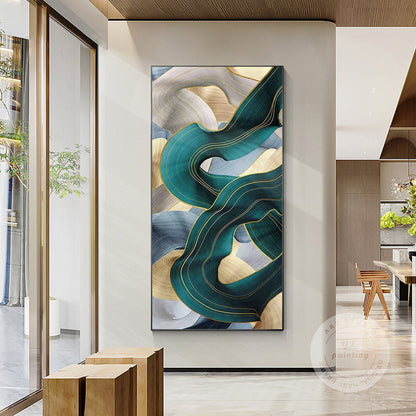 Turquoise Ribbon Abstract Painting: Extra Large Framed Canvas Wall Art #2
