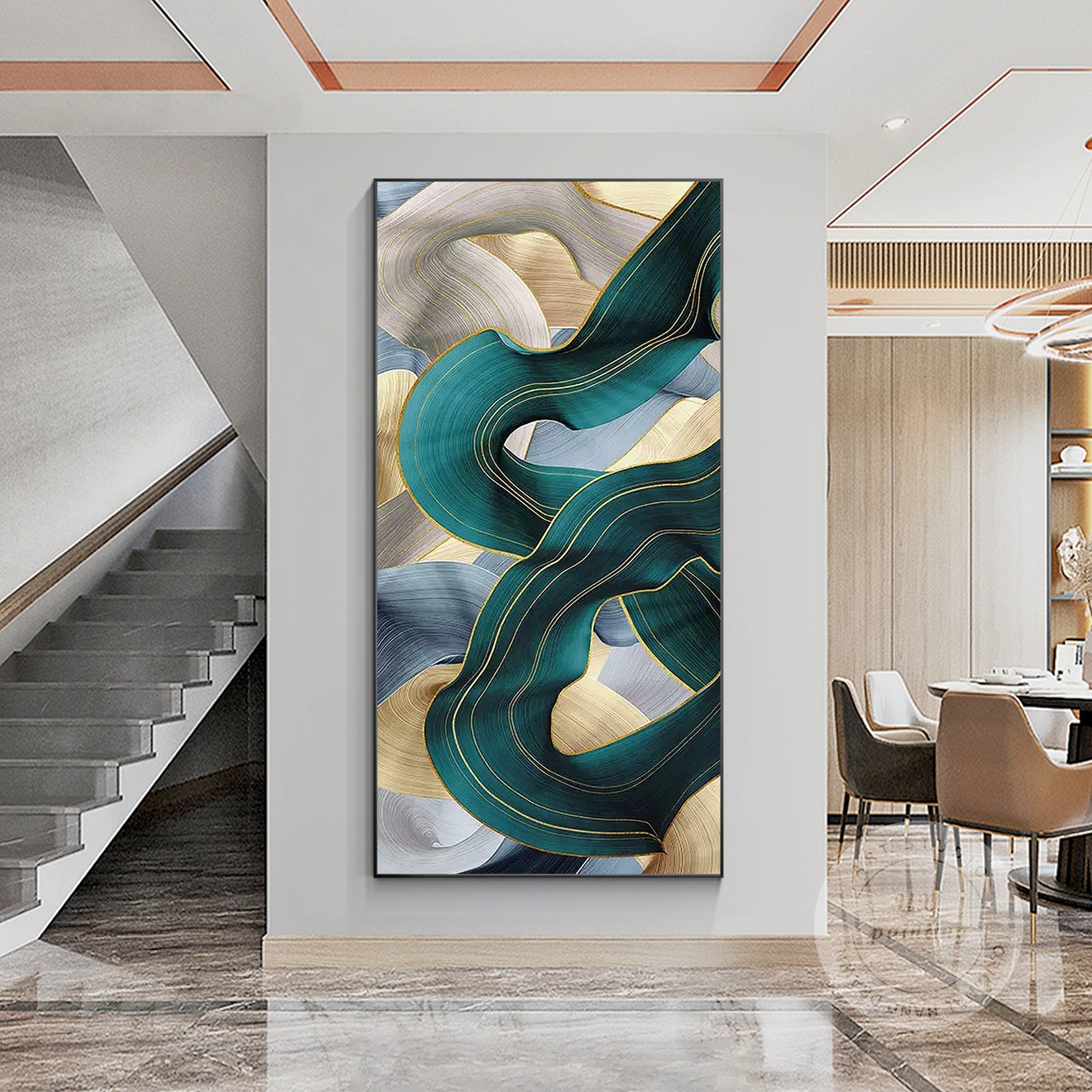 Turquoise Ribbon Abstract Painting: Extra Large Framed Canvas Wall Art #3