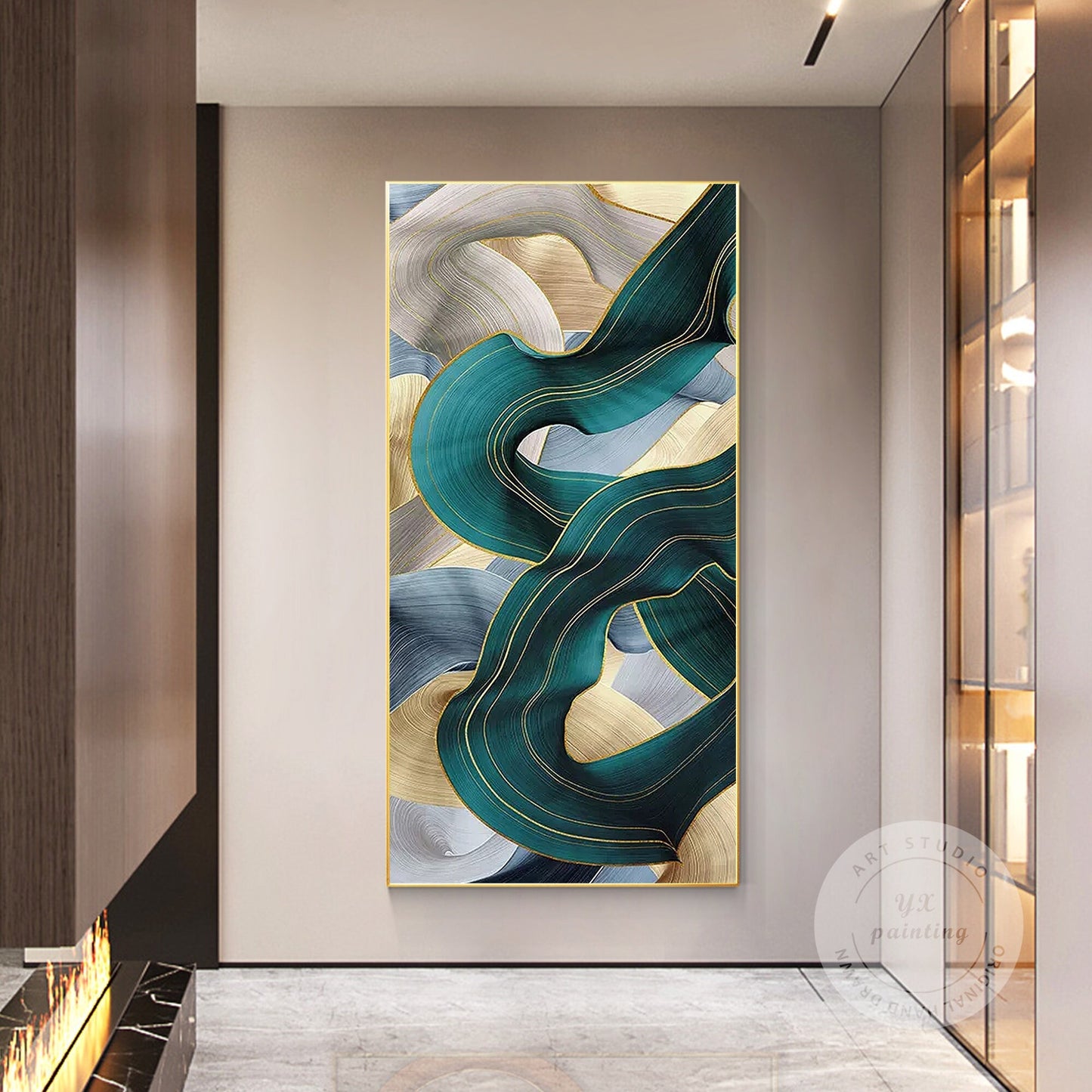 Turquoise Ribbon Abstract Painting: Extra Large Framed Canvas Wall Art #4