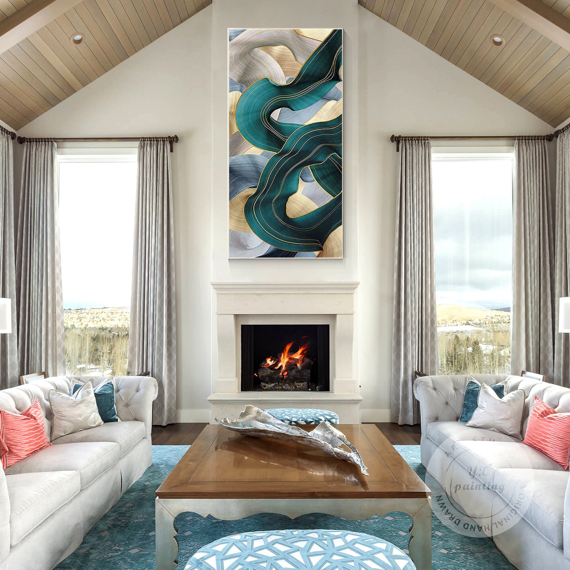 Turquoise Ribbon Abstract Painting: Extra Large Framed Canvas Wall Art #5