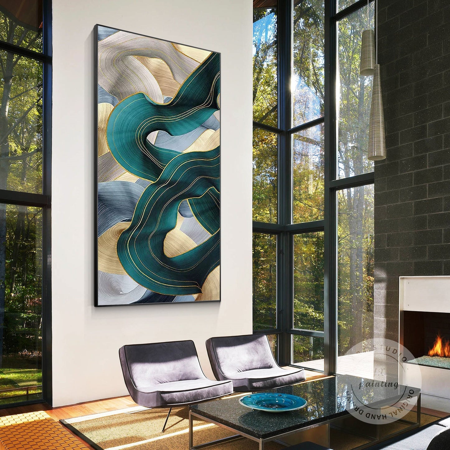 Turquoise Ribbon Abstract Painting: Extra Large Framed Canvas Wall Art #1