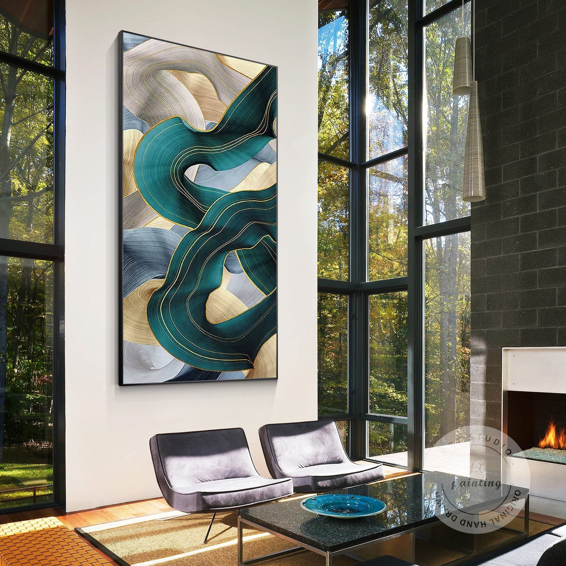 Turquoise Ribbon Abstract Painting: Extra Large Framed Canvas Wall Art #1