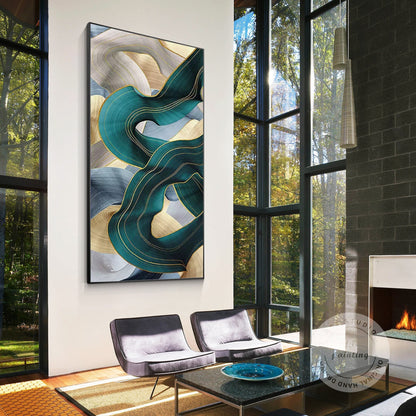 Turquoise Ribbon Abstract Painting: Extra Large Framed Canvas Wall Art #1