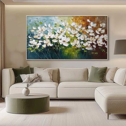 TUSCAN BLOOM: Textured Palette Knife Floral Oil Painting | gold frame stretched on neutral wall
