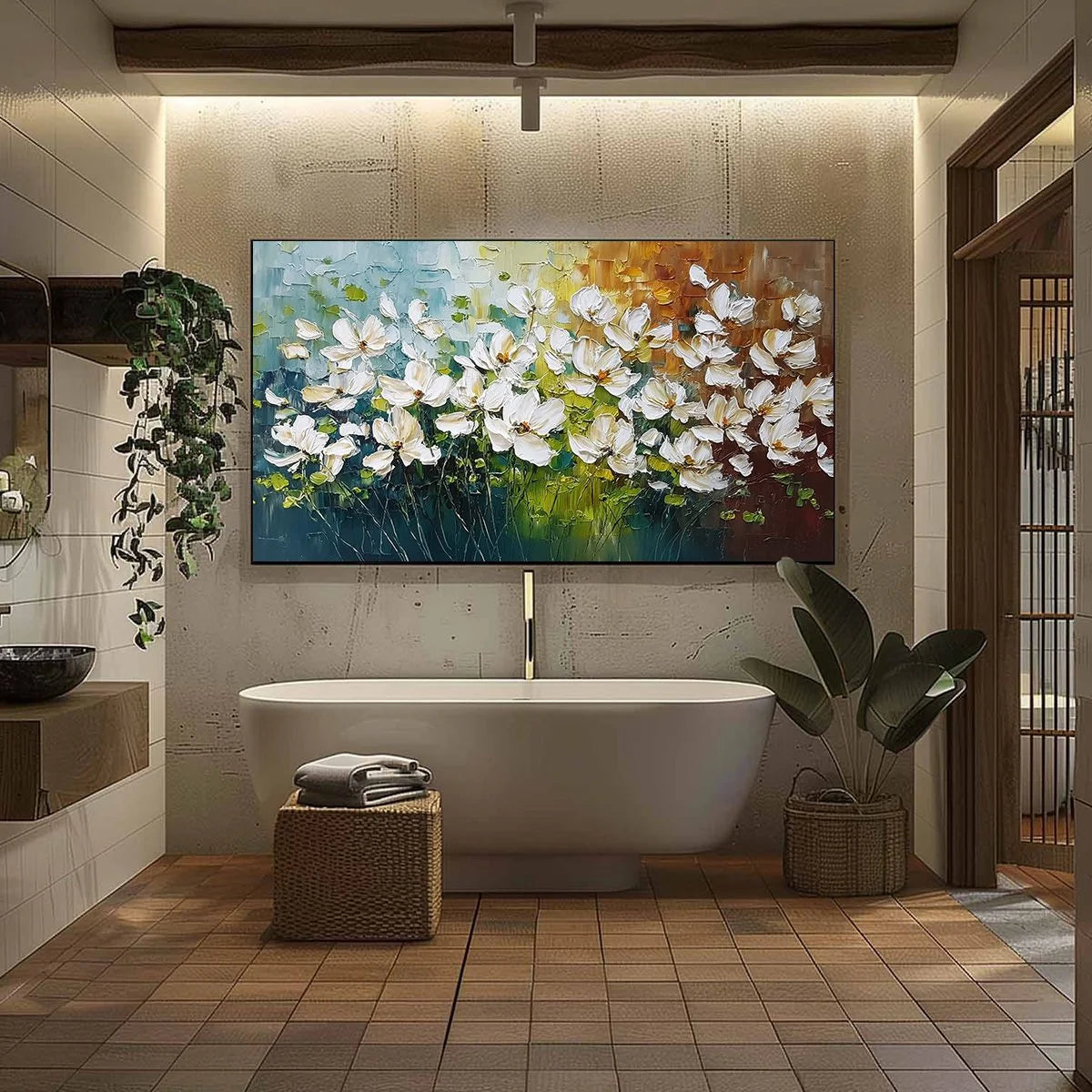 TUSCAN BLOOM: Textured Palette Knife Floral Oil Painting | black frame version on white wall