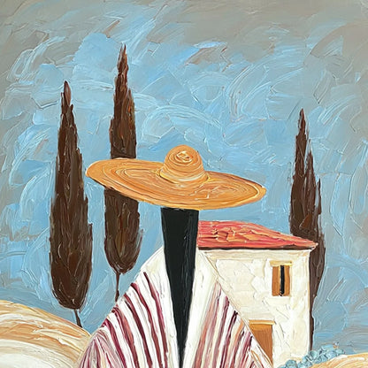 TUSCAN REVERIE: Textured Impasto Painting of a Figure in a Tuscan Landscape | rectangular format, hand-painted canvas edge