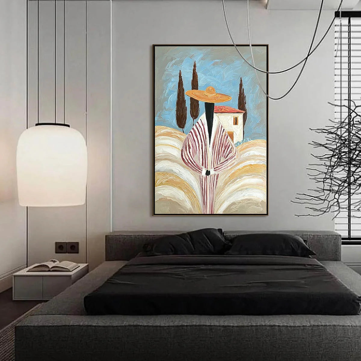 TUSCAN REVERIE: Textured Impasto Painting of a Figure in a Tuscan Landscape | gold frame stretched on neutral wall