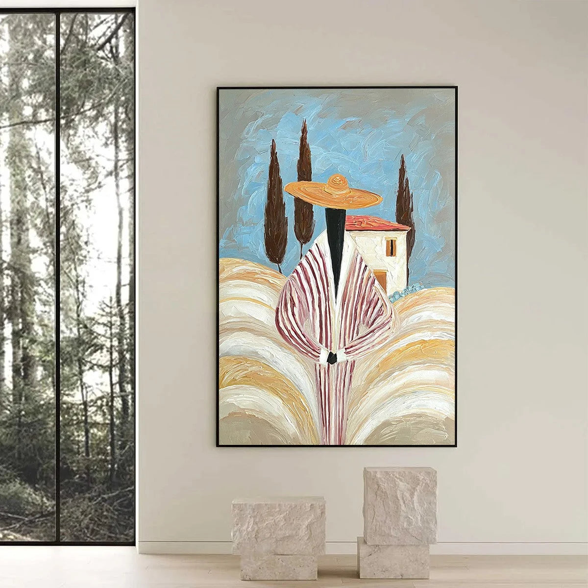 TUSCAN REVERIE: Textured Impasto Painting of a Figure in a Tuscan Landscape | black frame version on white wall