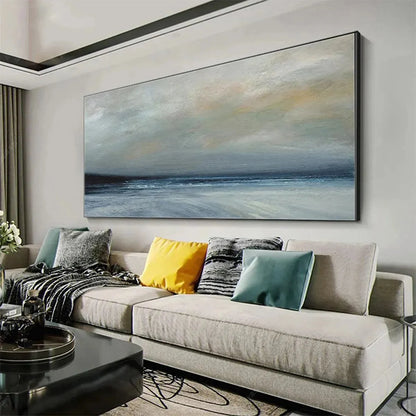 TWILIGHT COAST: Panoramic Coastal Landscape Painting, Horizontal Wall Art | gold frame stretched on neutral wall