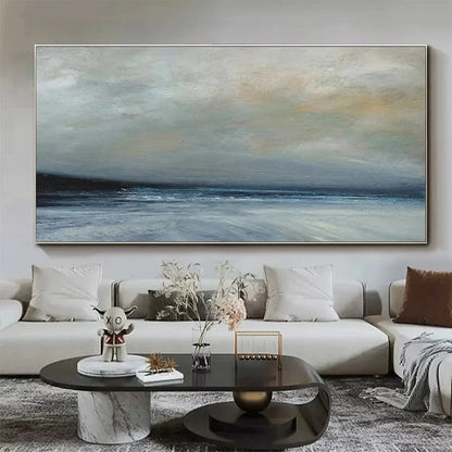 TWILIGHT COAST: Panoramic Coastal Landscape Painting, Horizontal Wall Art | texture detail, palette knife marks visible