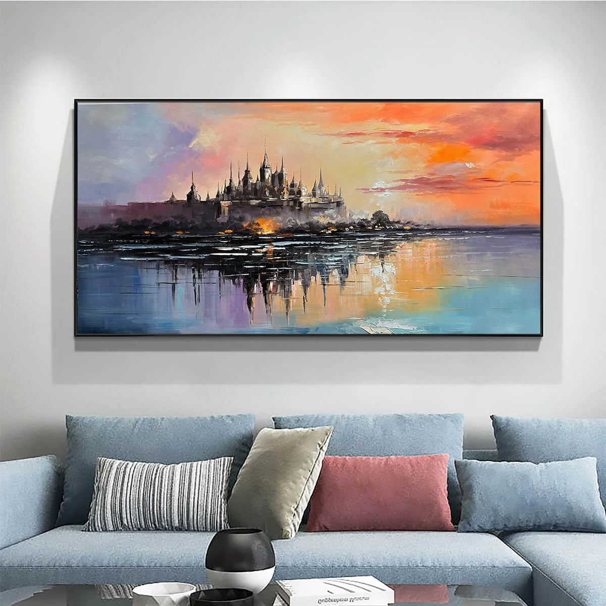 TWILIGHT KINGDOM: Panoramic Castle Landscape Oil Painting | Landscape closeup, raised brushwork detail