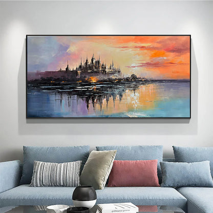 TWILIGHT KINGDOM: Panoramic Castle Landscape Oil Painting | Landscape closeup, raised brushwork detail