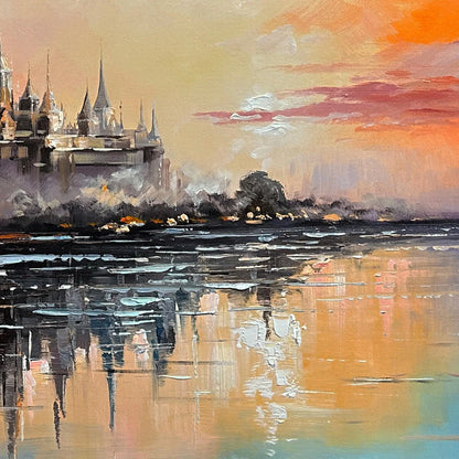 TWILIGHT KINGDOM: Panoramic Castle Landscape Oil Painting | rectangular format, hand-painted canvas edge