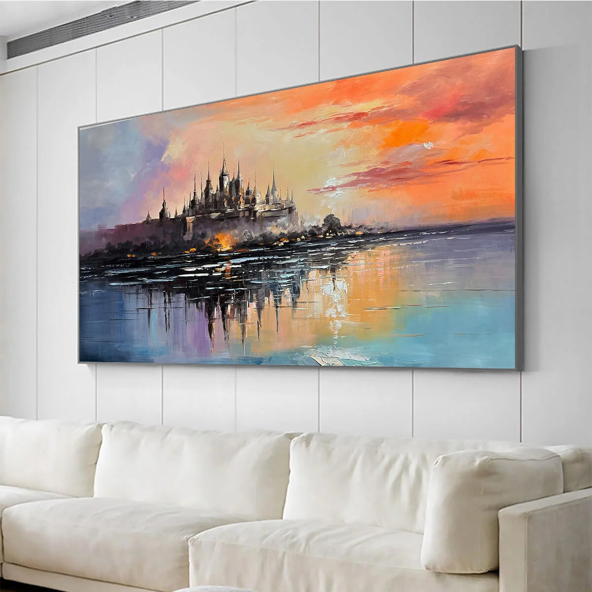 TWILIGHT KINGDOM: Panoramic Castle Landscape Oil Painting | gold frame stretched on neutral wall