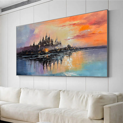 TWILIGHT KINGDOM: Panoramic Castle Landscape Oil Painting | gold frame stretched on neutral wall