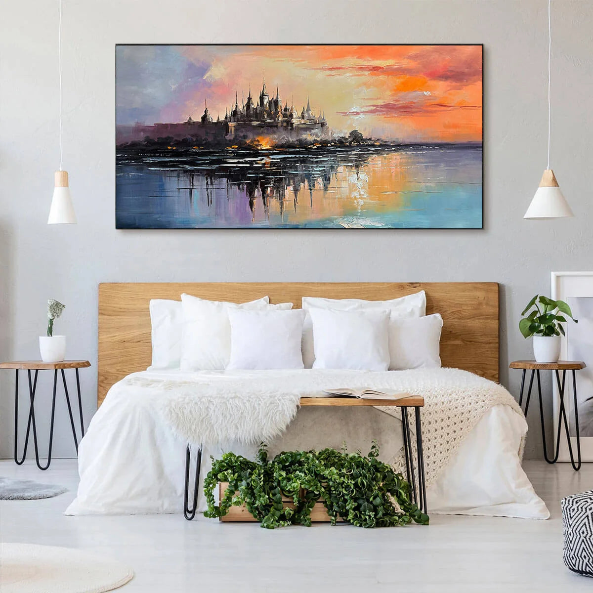 TWILIGHT KINGDOM: Panoramic Castle Landscape Oil Painting | black frame version on white wall