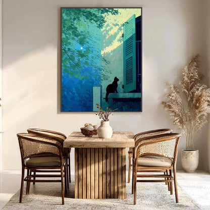 TWILIGHT PERCH: Minimalist Night Window Cat Oil Painting | Minimalist closeup, raised brushwork detail