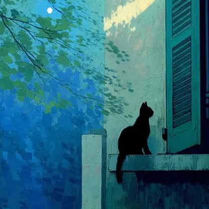 TWILIGHT PERCH: Minimalist Night Window Cat Oil Painting | rectangular format, hand-painted canvas edge