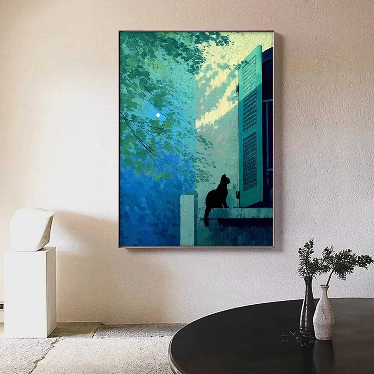 TWILIGHT PERCH: Minimalist Night Window Cat Oil Painting | gold frame stretched on neutral wall