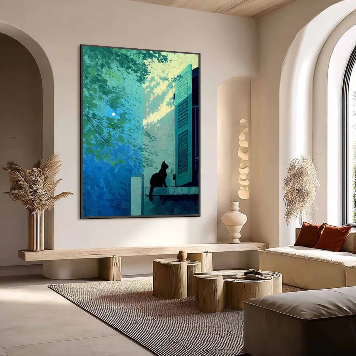TWILIGHT PERCH: Minimalist Night Window Cat Oil Painting | black frame version on white wall