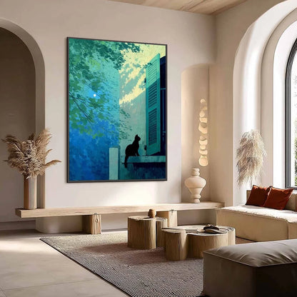 TWILIGHT PERCH: Minimalist Night Window Cat Oil Painting | black frame version on white wall