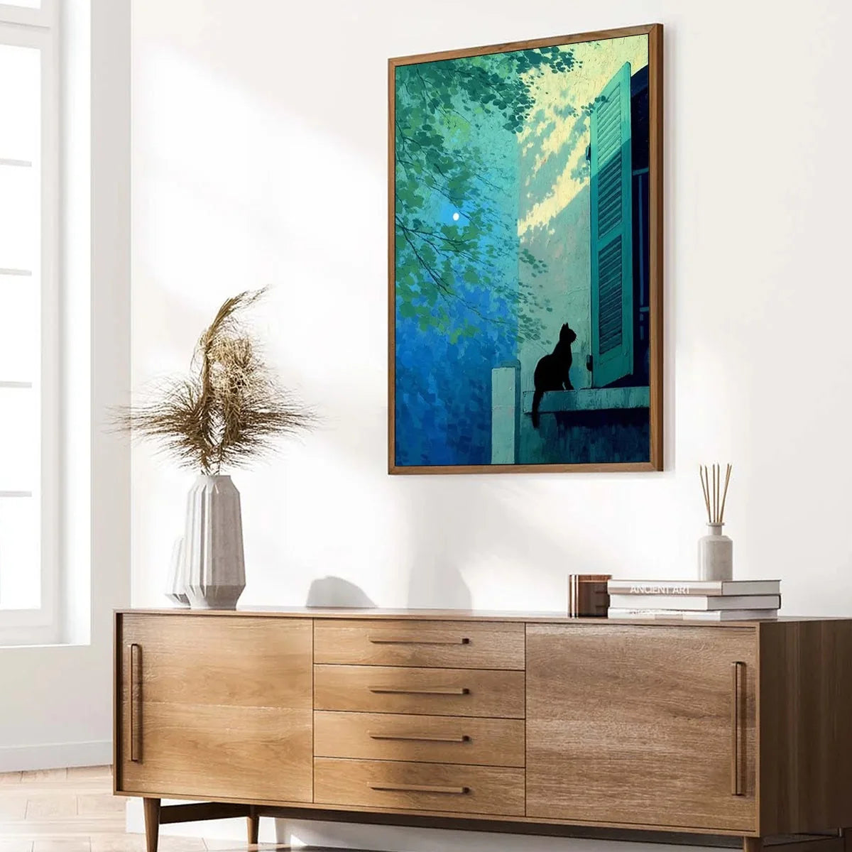 TWILIGHT PERCH: Minimalist Night Window Cat Oil Painting | Minimalist mood, soft natural light studio shot