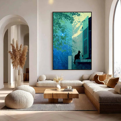 TWILIGHT PERCH: Minimalist Night Window Cat Oil Painting | multi-color palette, original oil on stretched canvas art