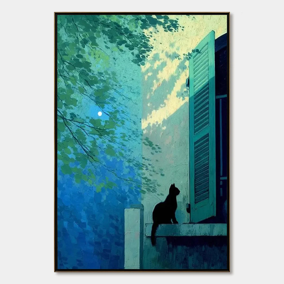 TWILIGHT PERCH: Minimalist Night Window Cat Oil Painting | hanging in living room, Minimalist wall art