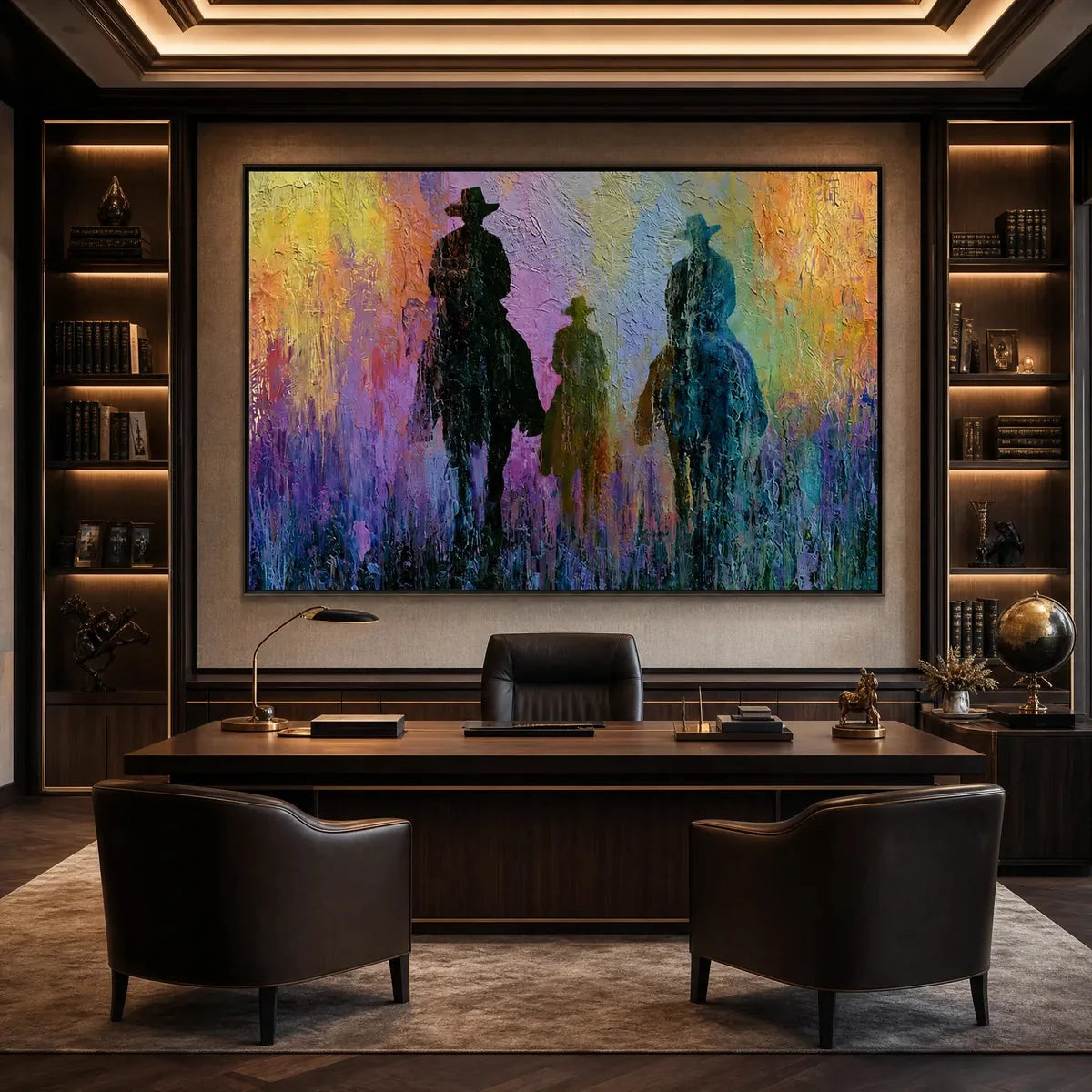 Twilight Posse: Textured Cowboy & Horse Oil Painting Wall Art | Abstract closeup, raised brushwork detail