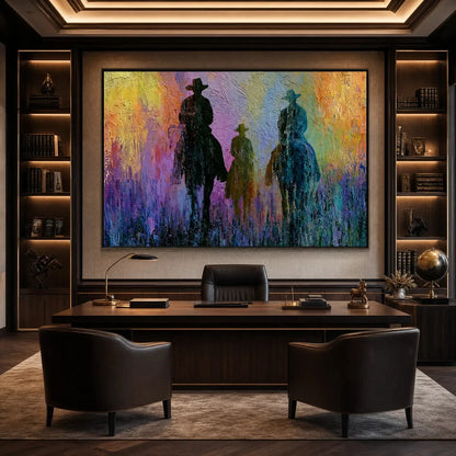 Twilight Posse: Textured Cowboy & Horse Oil Painting Wall Art | Abstract closeup, raised brushwork detail