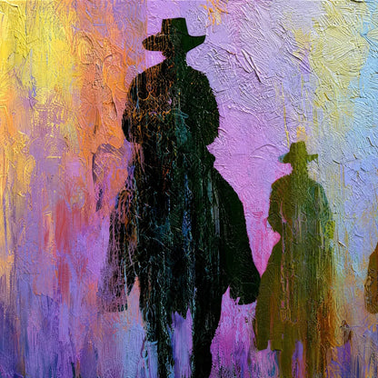 Twilight Posse: Textured Cowboy & Horse Oil Painting Wall Art | rectangular format, hand-painted canvas edge