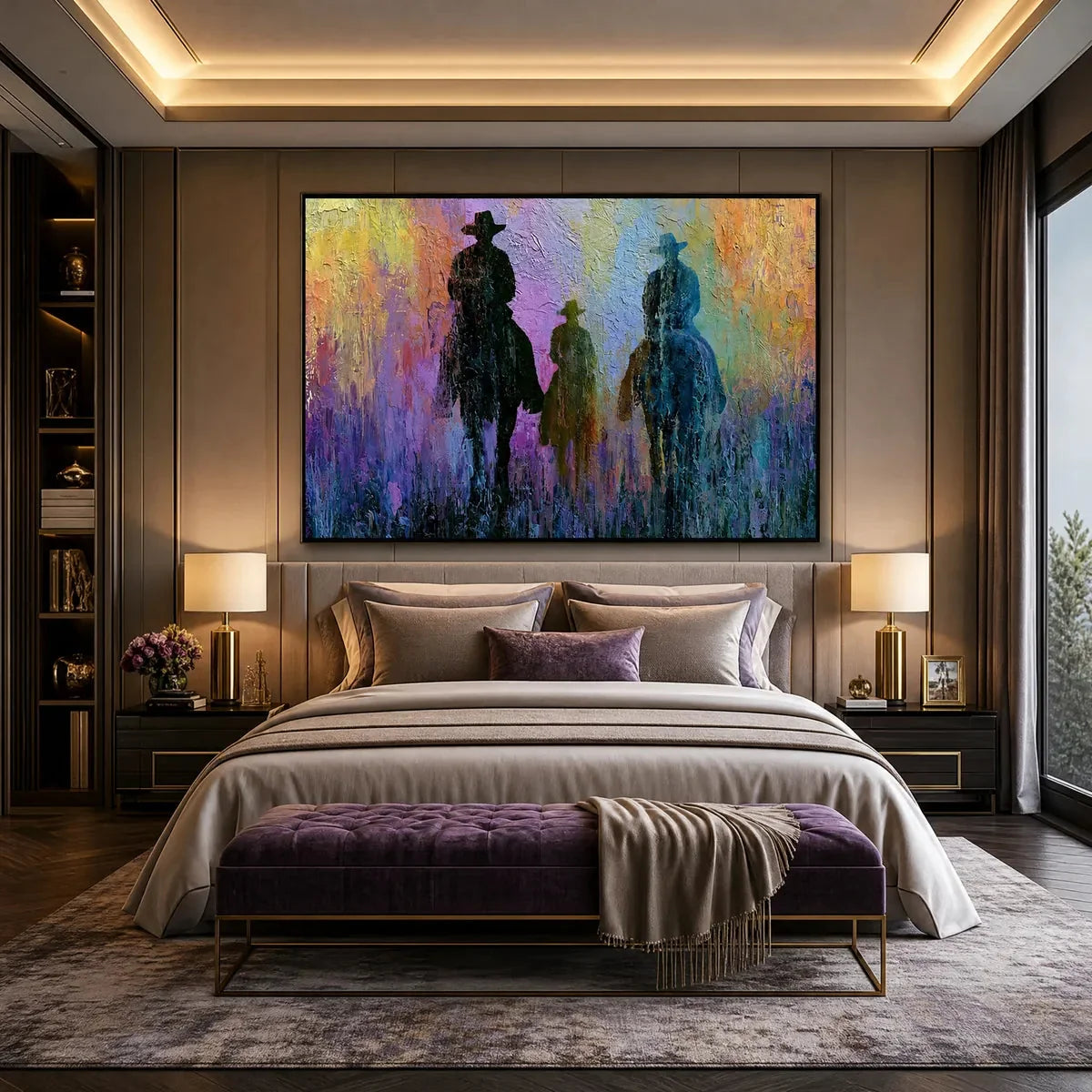 Twilight Posse: Textured Cowboy & Horse Oil Painting Wall Art | gold frame stretched on neutral wall