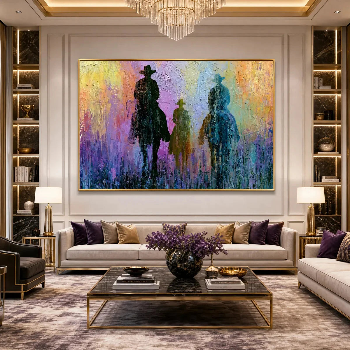 Twilight Posse: Textured Cowboy & Horse Oil Painting Wall Art | rolled canvas, ready for custom framing