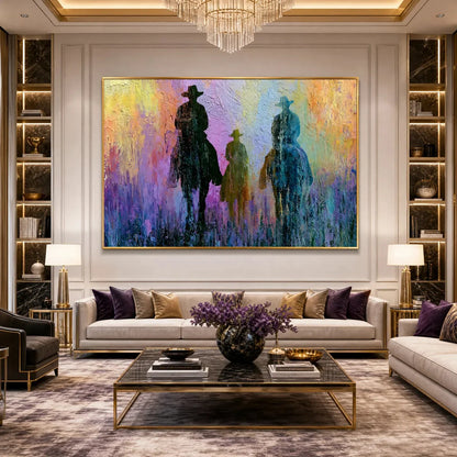 Twilight Posse: Textured Cowboy & Horse Oil Painting Wall Art | rolled canvas, ready for custom framing