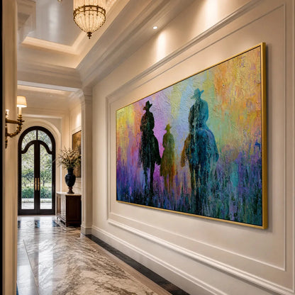 Twilight Posse: Textured Cowboy & Horse Oil Painting Wall Art | black frame version on white wall
